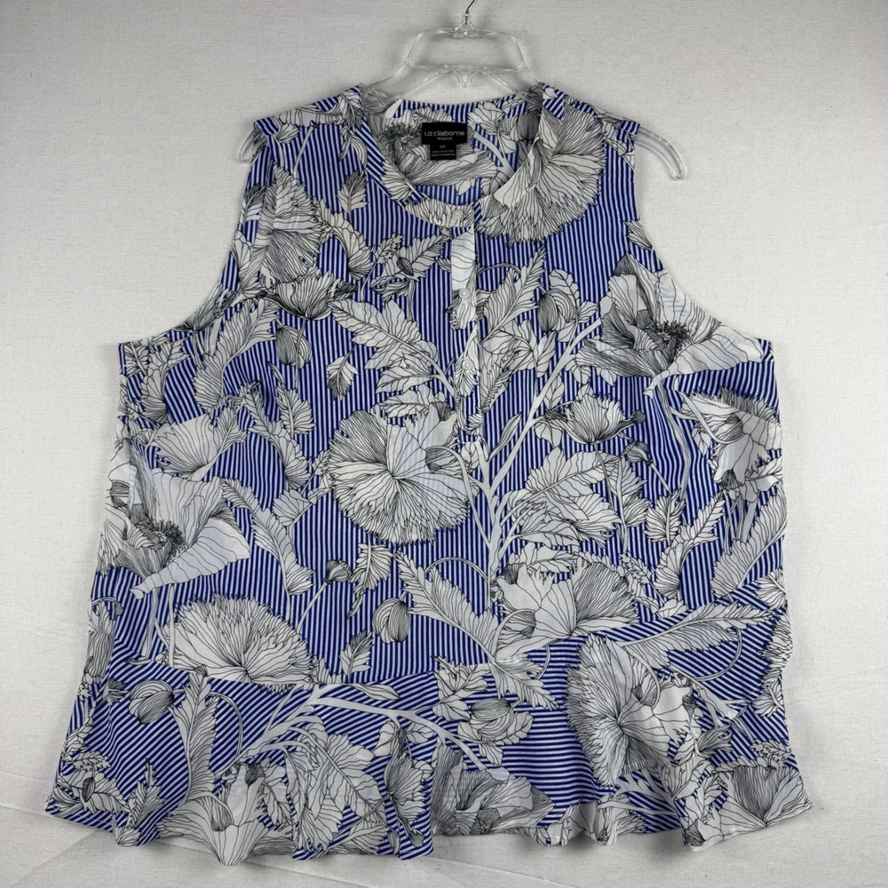 Liz Claiborne Woman Blue White Stripe Floral Peplum Blouse Sleeveless Top 0X